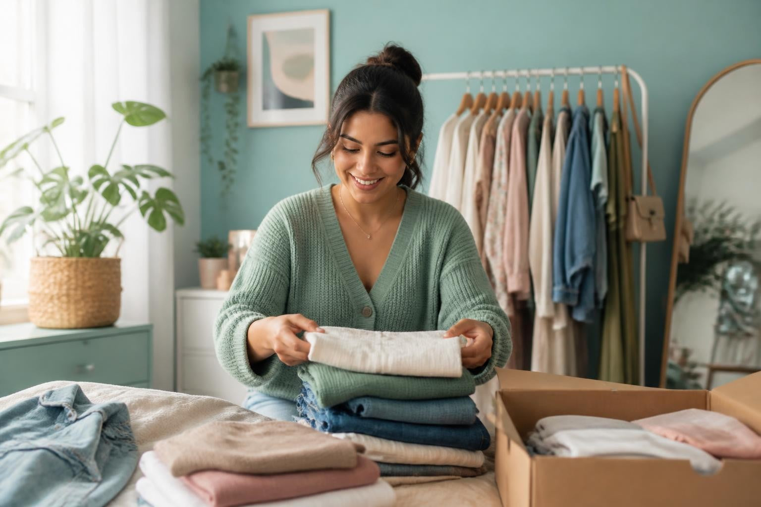 Mujer doblando ropa para revender