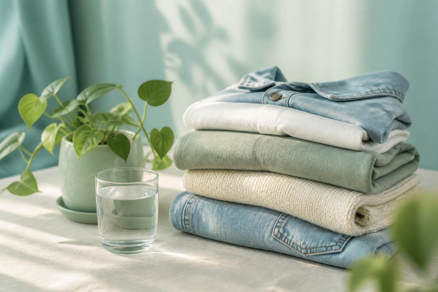Ropa doblada junto a una planta, ahorro de agua y energía